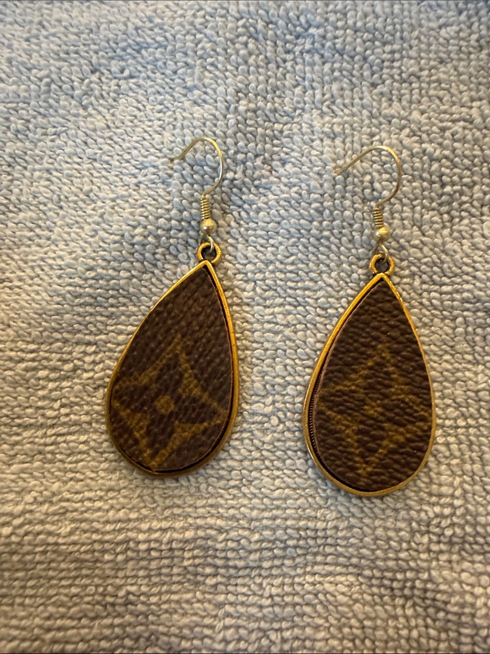 Repurposed Gold-Trim Brown Teardrop Leatherette Earrings